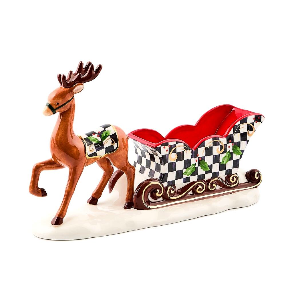 NEW Mackenzie-Childs Holly Deer Sleigh Candy Dish 13in Ceramic